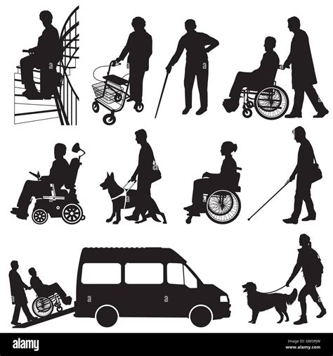 Illustrazione di persone anziane e disabili che ricevono assistenza per il trasporto