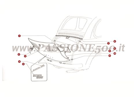 Schema esploso fanale posteriore auto con clip e dadi