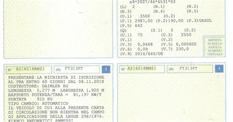 Libretto di circolazione con indicazione misure pneumatici