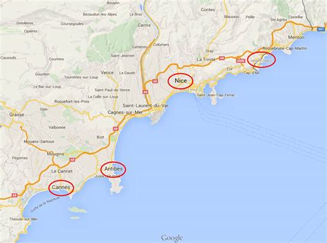 Mappa del Sud della Francia con Nizza, Cannes e Monaco evidenziate
