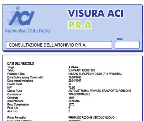 Schermata di esempio di una visura PRA