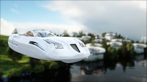 Illustrazione concettuale di un'auto volante futuristica che sorvola una città