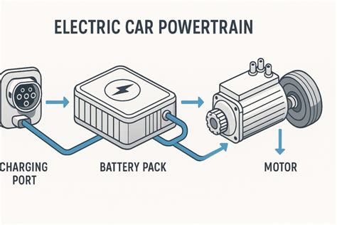 Diagramma che illustra i componenti principali di un'auto elettrica: batteria, motore, inverter, caricatore.