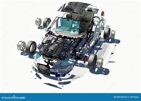 Illustrazione di un'auto smontata in pezzi