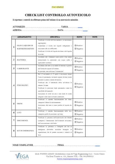 Checklist di manutenzione veicolo