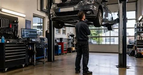 Officina meccanica moderna con meccanici al lavoro