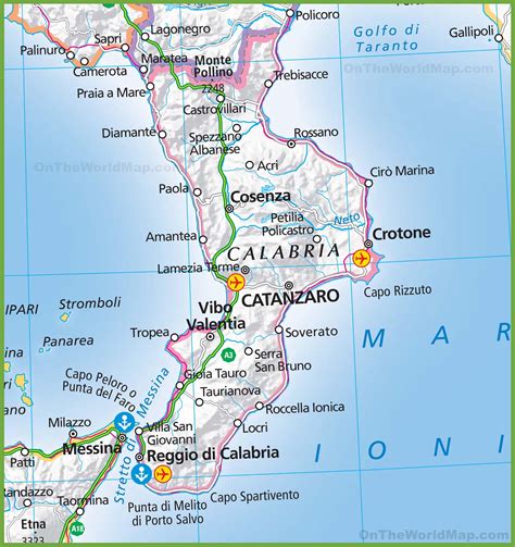 Mappa della Calabria con evidenziate le città di Rende e Campo Calabro