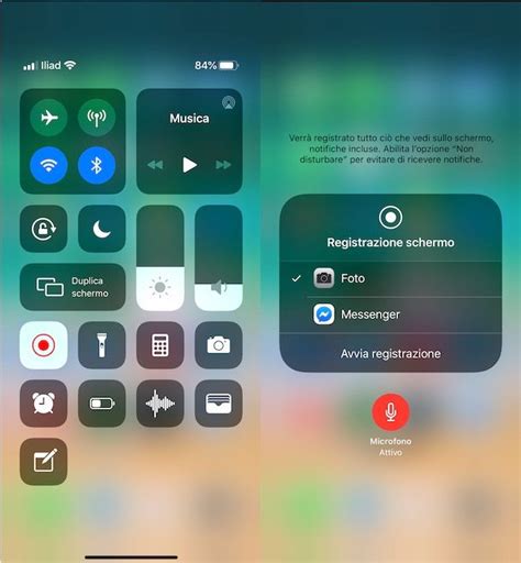 Schermata del Centro di Controllo di iPhone con l'opzione di registrazione schermo evidenziata