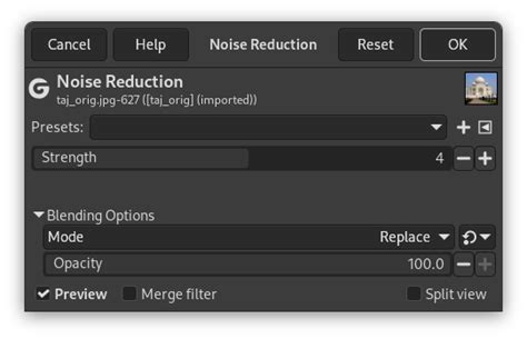 Interfaccia dell'app Noise Eraser con opzioni di riduzione rumore