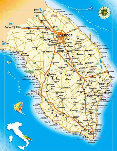 Mappa del Salento con indicazione delle principali località turistiche