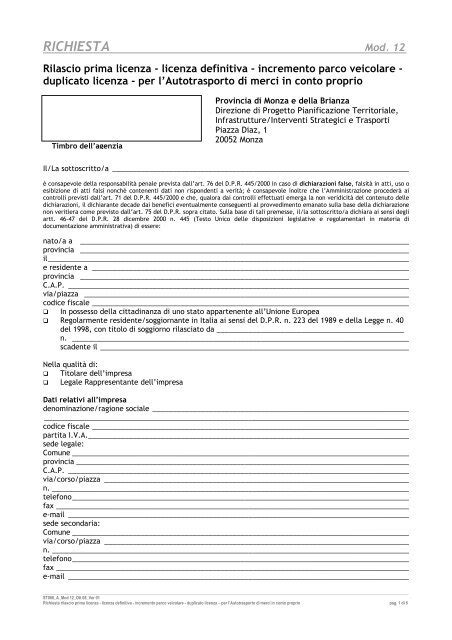 Modulo di richiesta licenza trasporto conto proprio