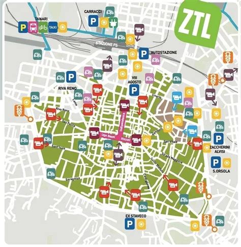 Mappa schematica di una città con le diverse zone ZTL evidenziate