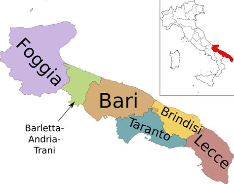 Mappa della Puglia con evidenziate le province di Bari, Brindisi, Lecce, BAT e Foggia