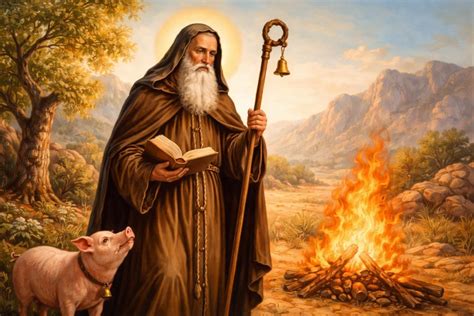 Un'antica illustrazione che mostra Sant'Antonio Abate con un maiale e un campanello