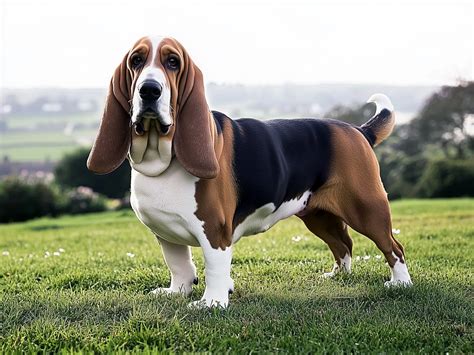 Basset Hound seduto con le zampe corte e le orecchie lunghe