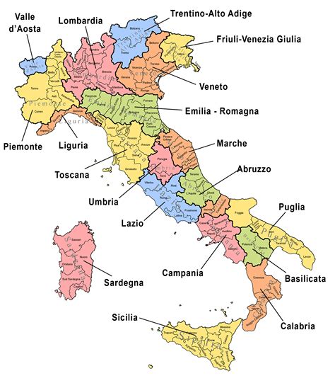 Mappa dell'Italia con indicazione delle autonomie regionali