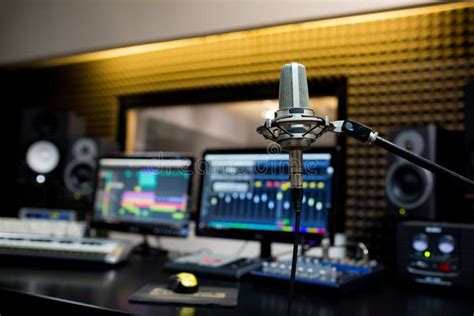 Immagine concettuale di un microfono professionale in uno studio di registrazione digitale