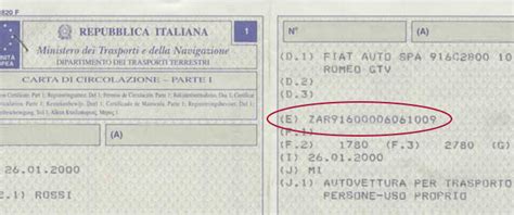 Posizione VIN sul libretto di circolazione
