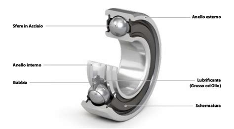 Sezione di un cuscinetto ruota che mostra le sfere, le piste e le guarnizioni protettive