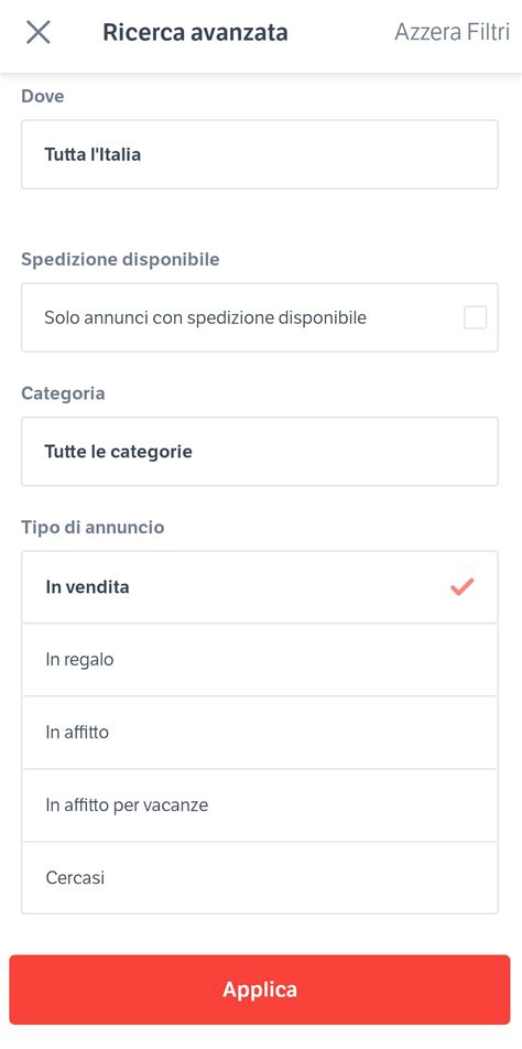 schermata di un'app per annunci di auto usate con diversi filtri di ricerca