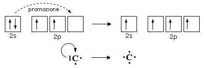 Diagramma che illustra la promozione di un elettrone s a un orbitale p e la successiva ibridazione sp3