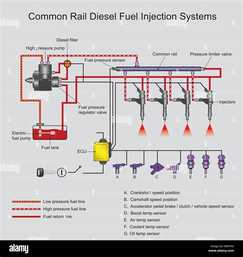 Diagramma di un sistema di iniezione diesel con ugelli iniettore evidenziati