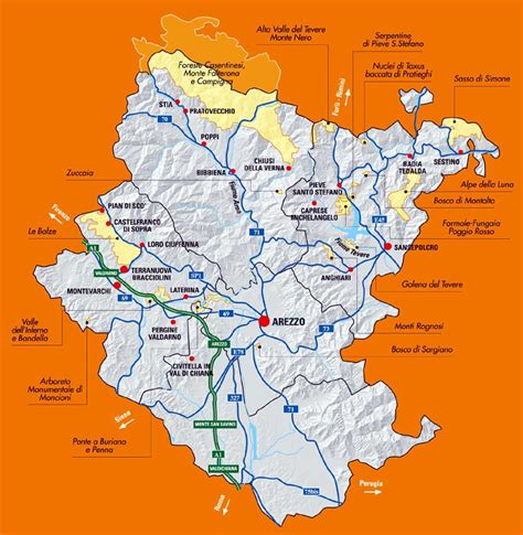 Mappa dell'Italia con indicazione della provincia di Arezzo e delle località di Camucia e Cortona