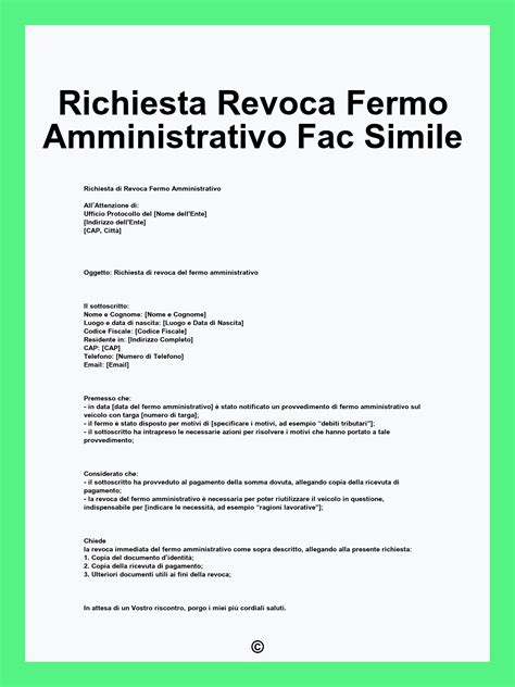 Modello di modulo per la richiesta di revoca del fermo amministrativo