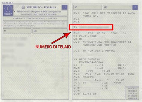 Libretto di circolazione con numero di telaio evidenziato