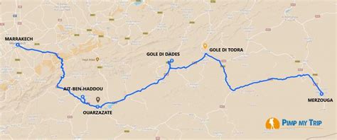 Mappa dell'itinerario da Marrakech al deserto di Merzouga