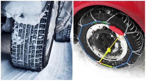Catene da neve e pneumatici invernali, con la neve sullo sfondo