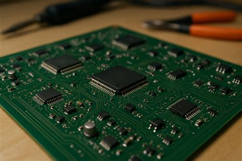 Interno di un dispositivo DAC con chip elettronici e circuiti stampati