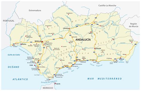 Mappa dell'Andalusia con Conil de la Frontera evidenziata e gli aeroporti circostanti