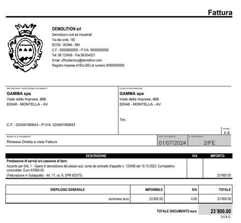 Fattura di esempio per la sostituzione della distribuzione
