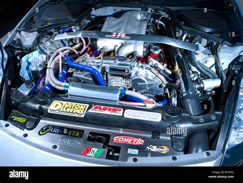 Engine bay with modified turbo and exhaust components