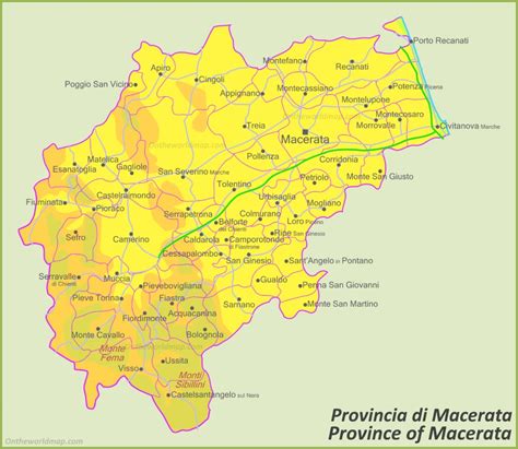 Mappa della provincia di Macerata con evidenziati i comuni con concessionari auto