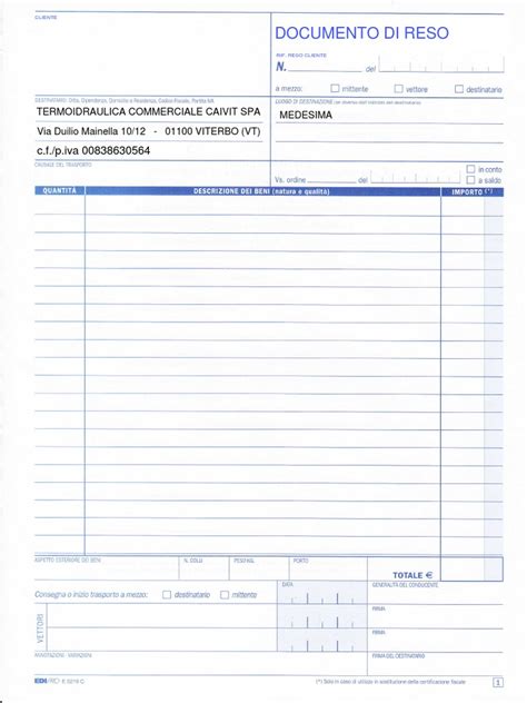 Modulo di reso esempio