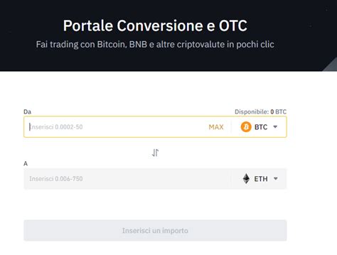 Interfaccia di conversione criptovalute in euro su Binance (sito web)