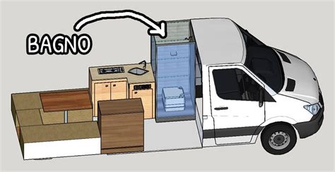 Interno di un camper van Ford Transit con modulo cucina e letto