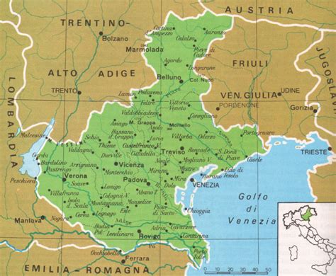 Mappa della regione Veneto con evidenziate le province di Rovigo e Padova