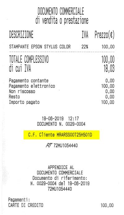 Esempio di fattura o scontrino fiscale per ricambi auto