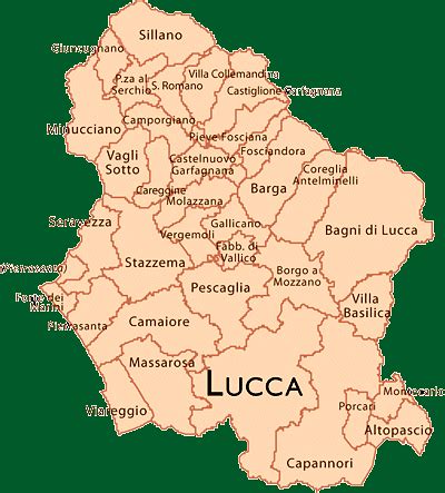 Mappa della provincia di Lucca con evidenziata la posizione di Massarosa e Viareggio