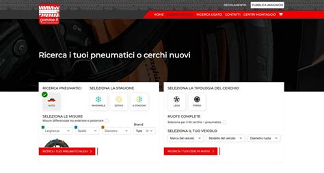Screenshot di un sito di vendita pneumatici online con opzioni di filtro