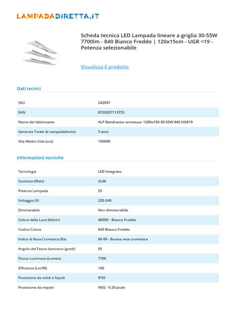 Specifiche tecniche lampada LED