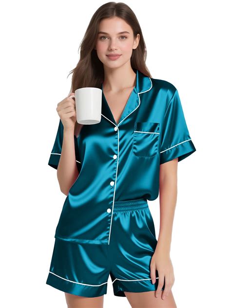 Woman wearing luxurious silk pajama shorts