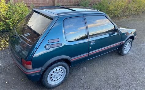 Dettaglio della carrozzeria in verde Sorrento della Peugeot 205 GTI Plus sotto la luce del sole