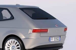 Vista posteriore di un prototipo Fiat con linee squadrate e design retrò-futuristico