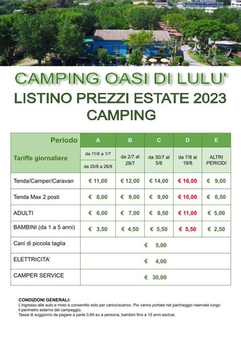 Tabelle prezzi servizi campeggio