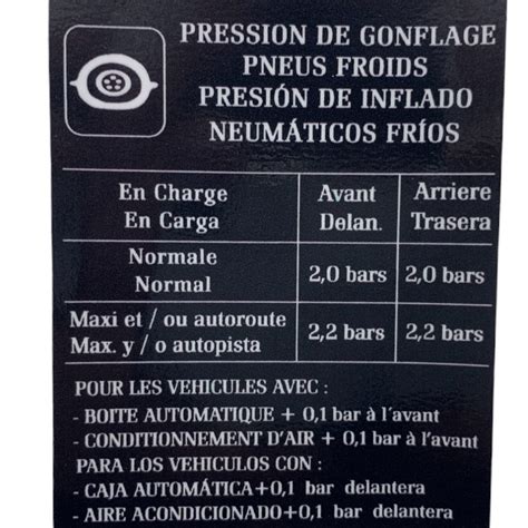 Adesivo pressione pneumatici all'interno della portiera