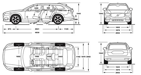 Schema delle dimensioni interne ed esterne della Volvo V40